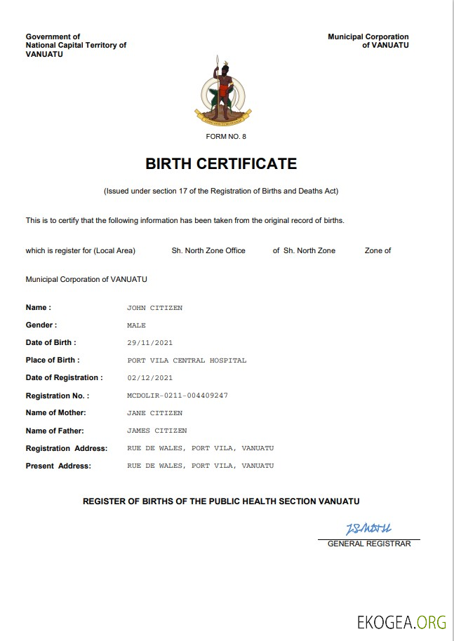 Modèle Word et PDF d'acte de naissance de Vanuatu